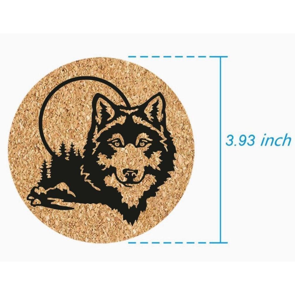 Alpha Wolf Moon Forest Laser Engraved Cork Coaster Handmade Calm Animal Energy